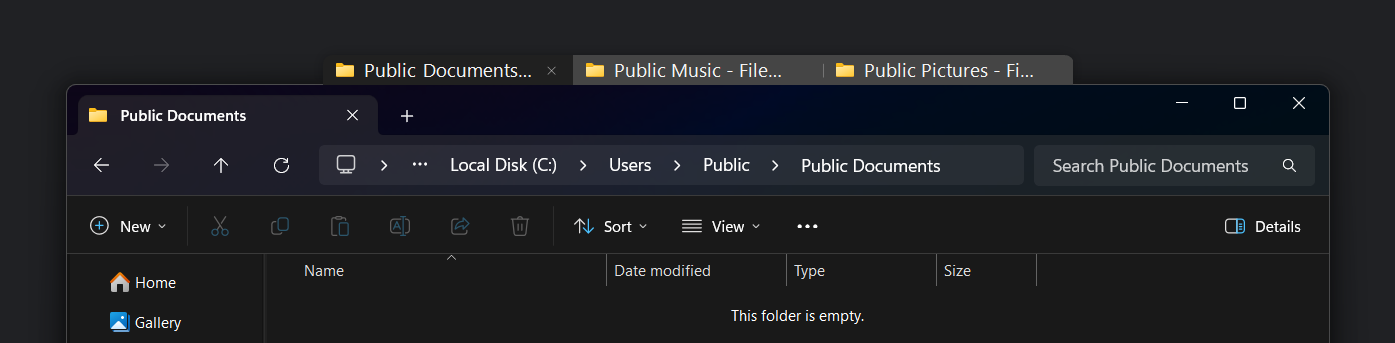 Dark WindowTabs tabs grouping three File Explorer windows for empty public folders