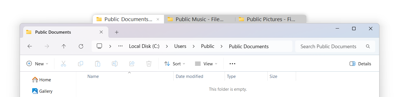 Light WindowTabs tabs grouping three File Explorer windows for empty public folders